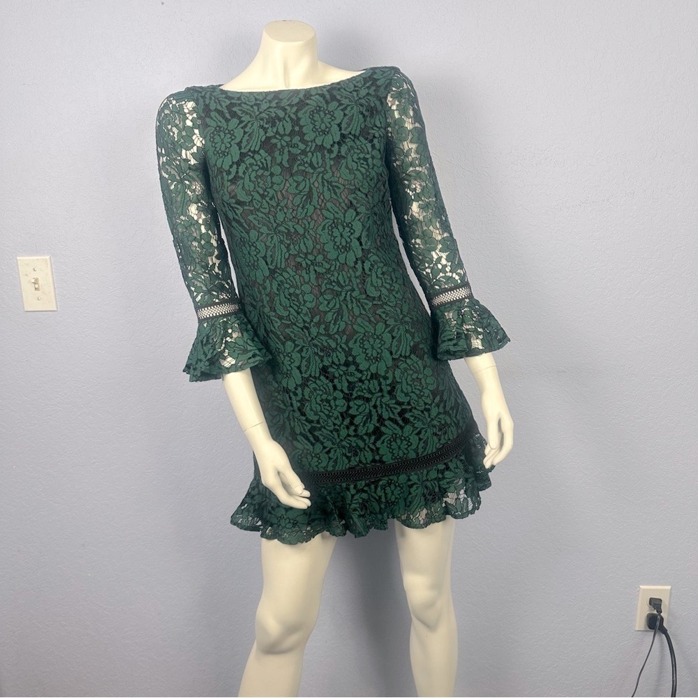 Eliza J  Lace Hunter Green 3/4 Bell Sleeves Lined Ruffle Mini Dress